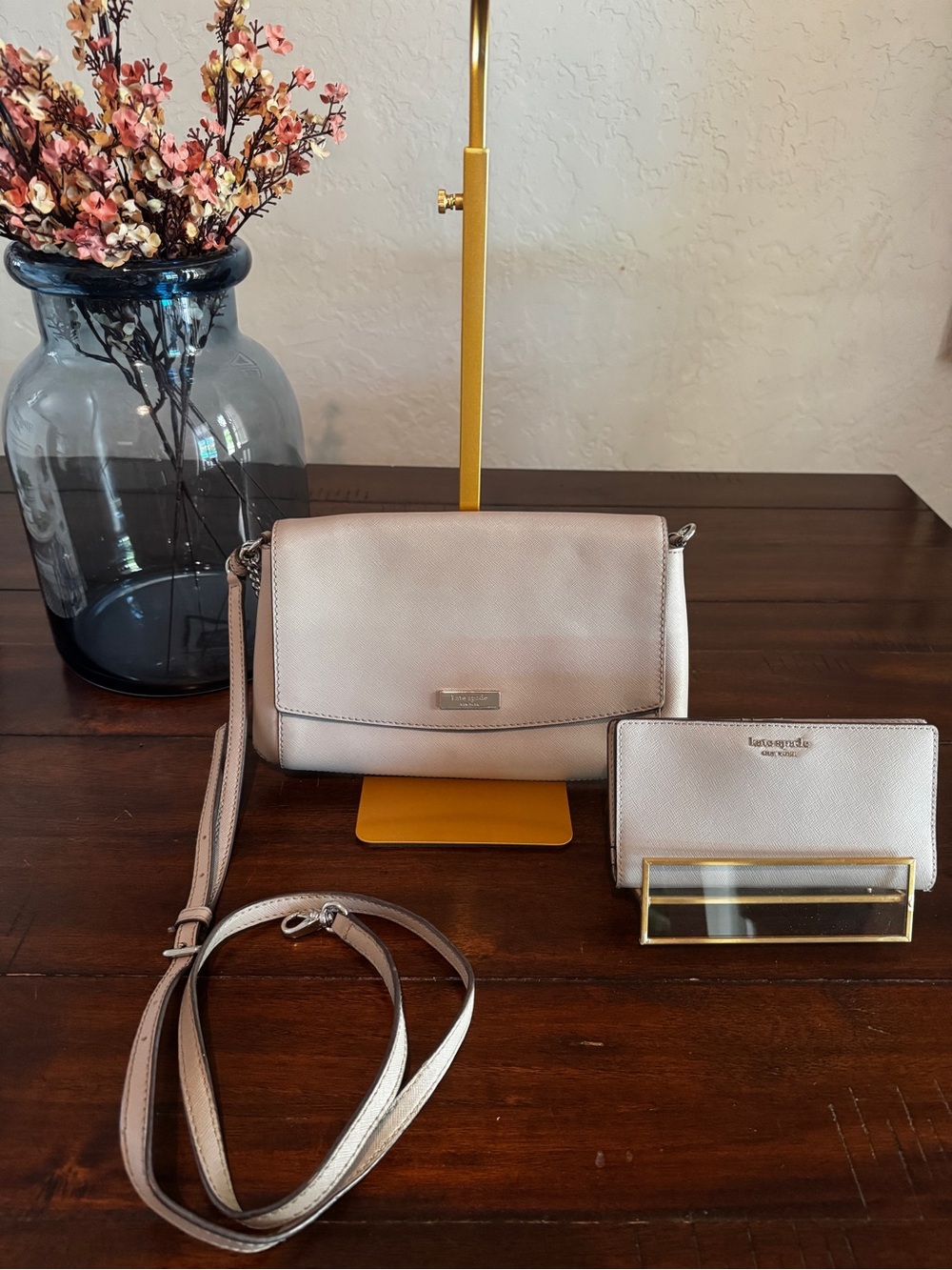 Kate Spade Light Gray Leather Crossbody Bag with Matching Wallet